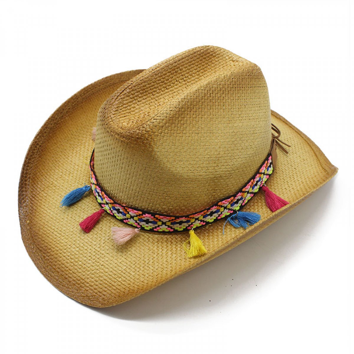 Ethnic Straw Stripe Trim Rolled Jazz Hat