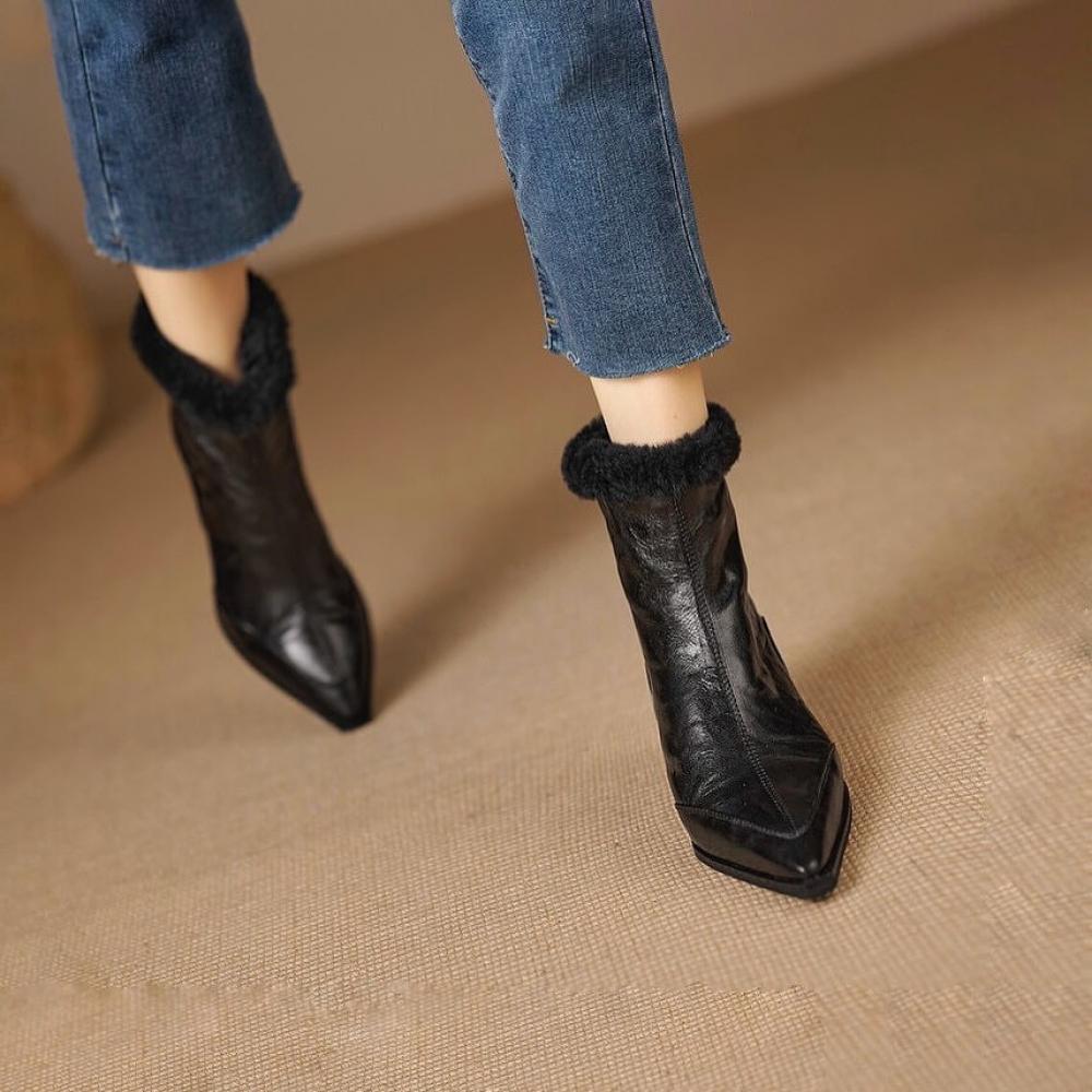 Vintage Pleated Leather Slim Heel Raw Edge Pointed Toe Boots