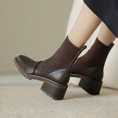 Casual Square Toe Lace-Up Knit Pumps Boots