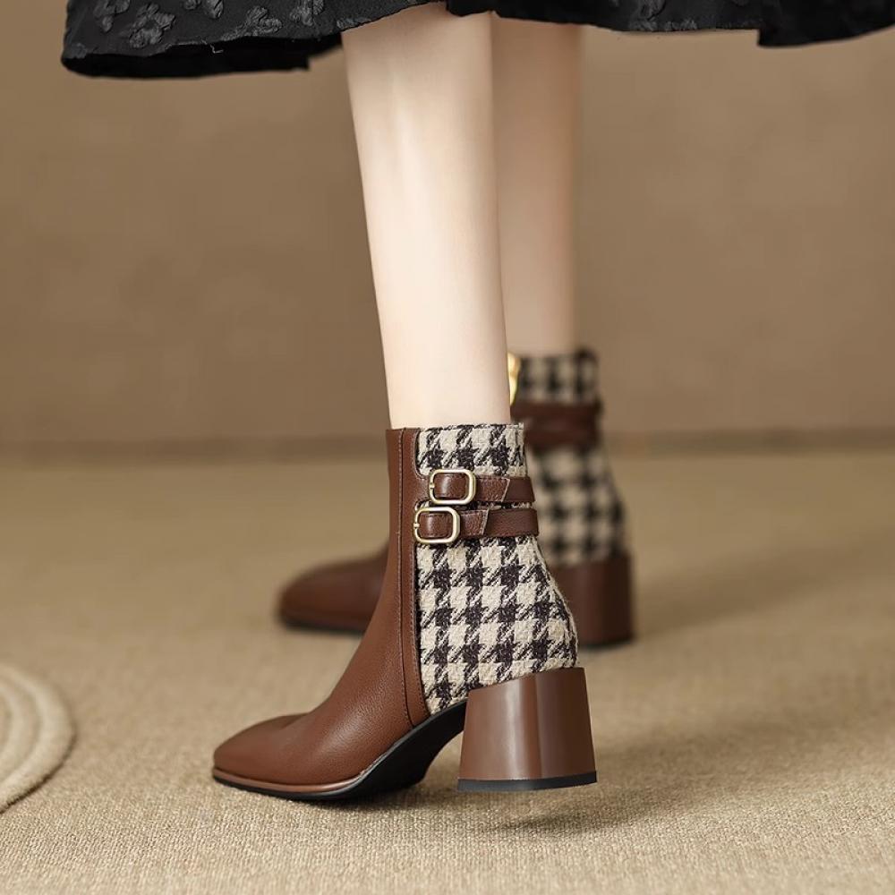 Retro Square Toe French Thousand Bird Check Chunky Heel Martin Boots Belt Buckle Temperament Ankle Boots