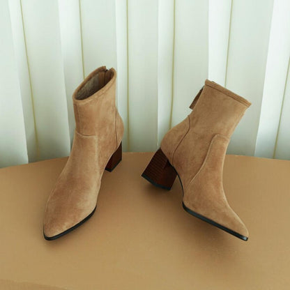 Pointed Toe Chunky Heel Boots Women Suede Mid Calf Boots   <Three🟢⚫️🟡 colors >                                                                               ⏰(New products on sale）