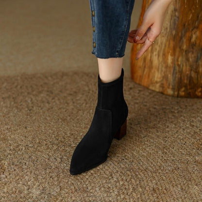 Pointed Toe Chunky Heel Boots Women Suede Mid Calf Boots   <Three🟢⚫️🟡 colors >                                                                               ⏰(New products on sale）