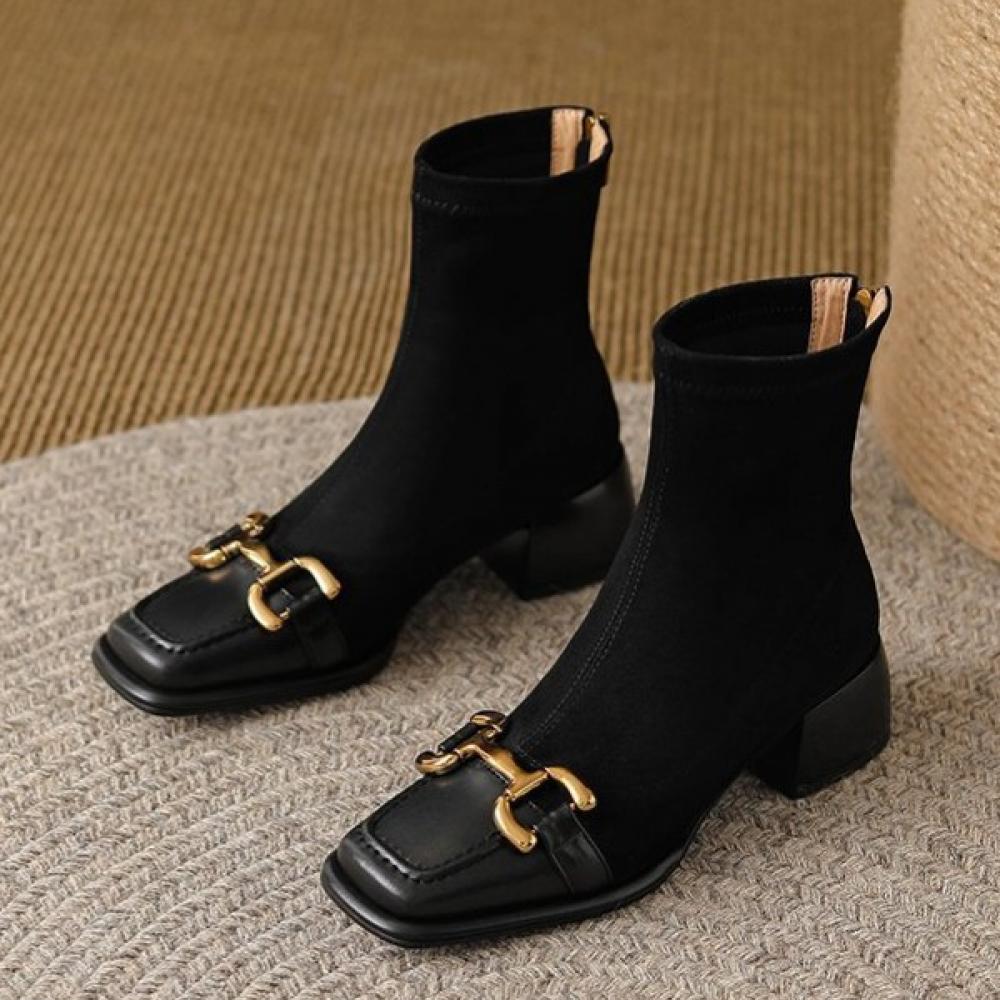 Vintage Horsebit Buckle Square Toe Low Heel Suede Zipper Boots