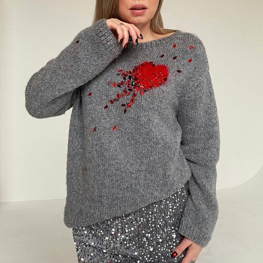 Knitted Sweater with Diamonds and Hearts