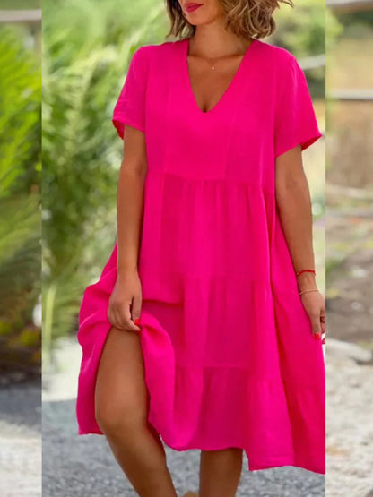 V-Neck Solid Large Swing Dress