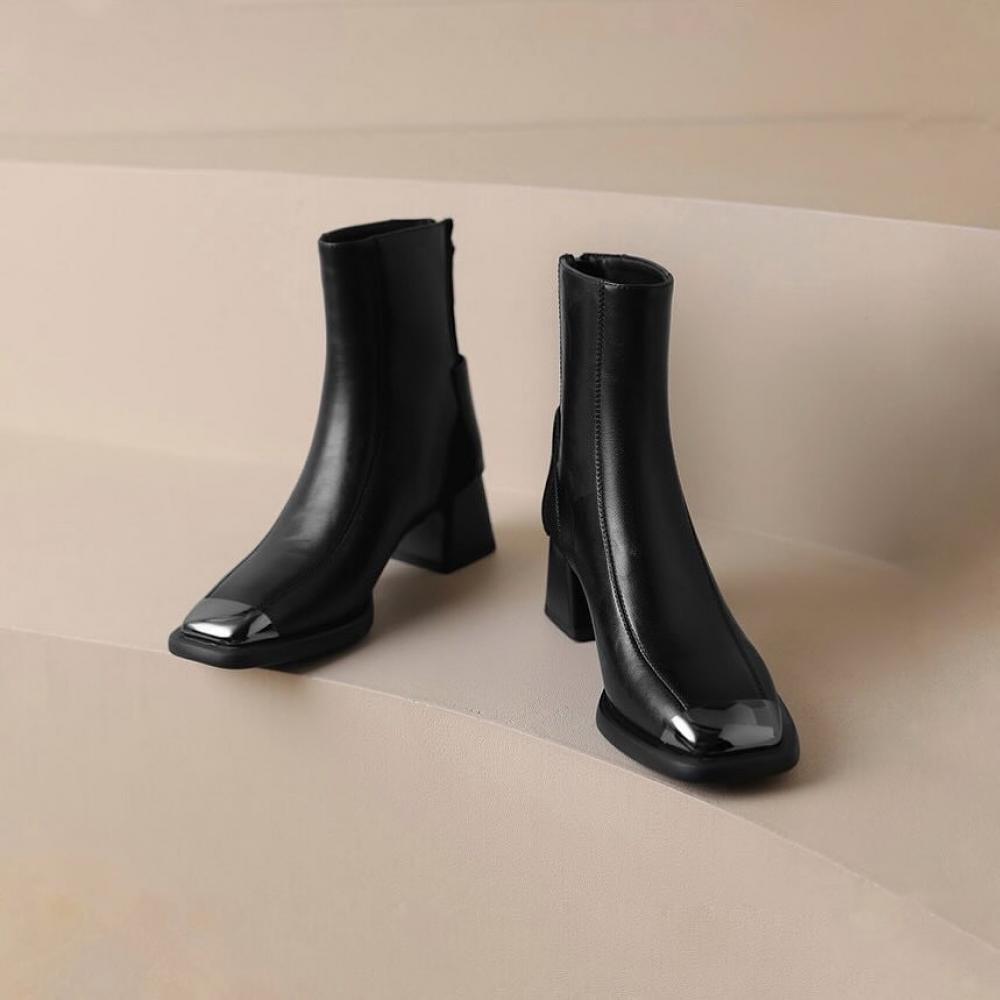 Simple Thick Sole Slightly High Heeled Iron Toe Boots