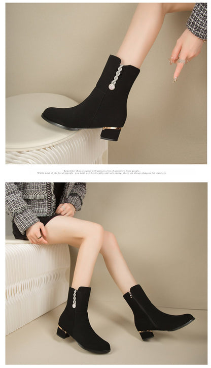 Fashion Boots Frosted Leather Short Boots Rhinestone Side Zipper Mid Heel Boots