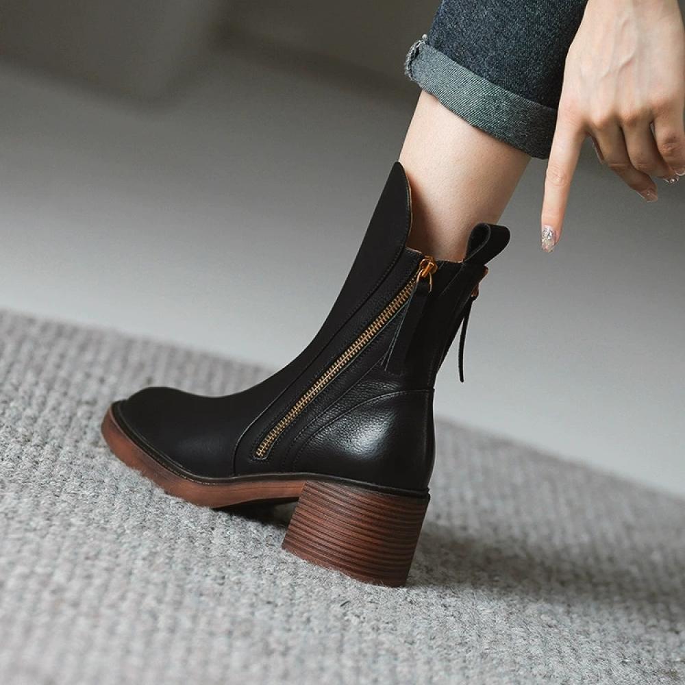 Shaped Zipper Chunky Heel Mid Calf Boots <Two colors>