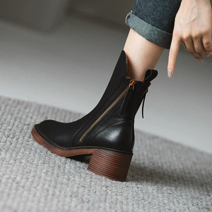 Shaped Zipper Chunky Heel Mid Calf Boots <Two colors>