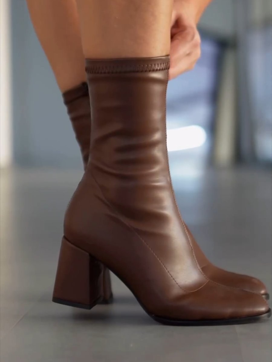 Simple Brown Stretch Mid Calf Boots