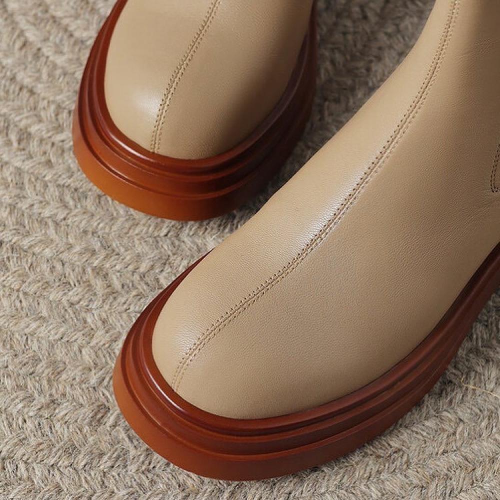 French Round Toe Simple Thick Sole Mid Heel Round Toe Chelsea