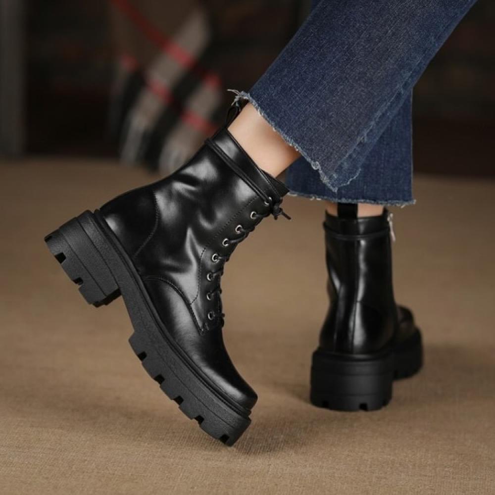 Square Toe Thick Sole Padded Side Opening Zipper Lace Up Boots