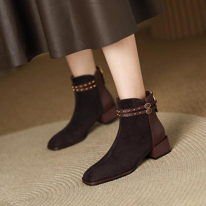 Frosted Leather Short Ankle French Vintage Double Belt Buckle Rivet Square Toe Chunky Heel Martin Boots