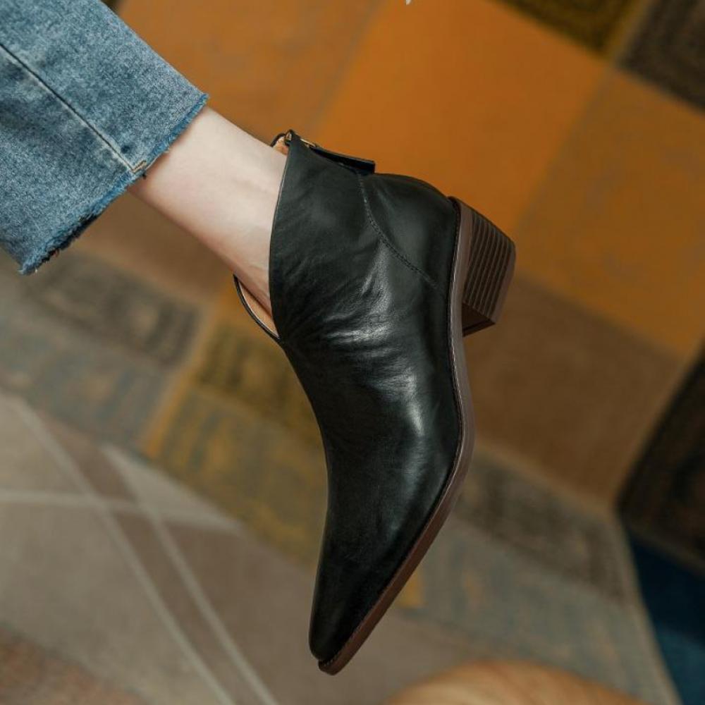 Retro V Mouth Pointed Toe Chunky Mid Heel Chelsea Boots