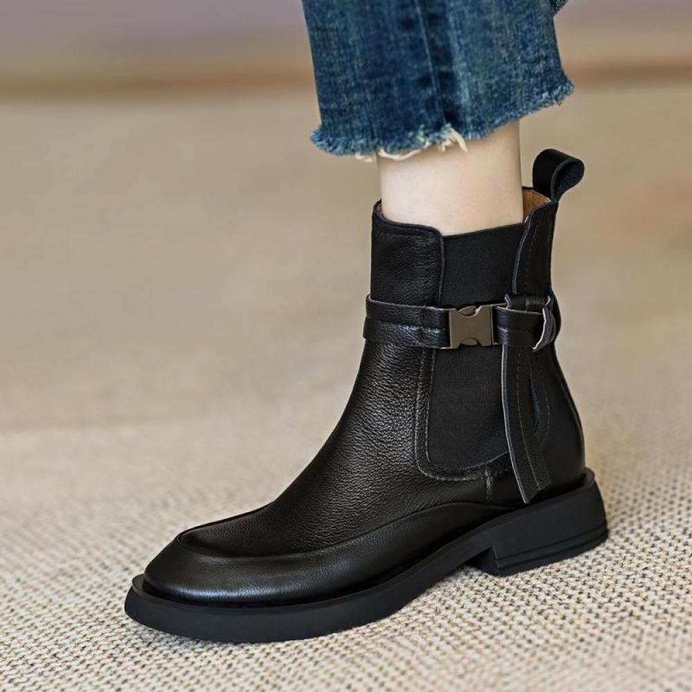 Retro Leather Thick Bottom Chunky Heel Elastic Short Round Head Mid Heel Short Boots