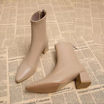 Pointed toe chunky heel short fashion boots