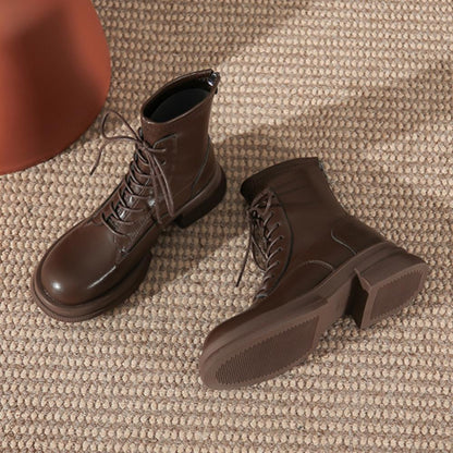 Thick Sole Chunky Heel Back Zipper Lace Up Boots<Three colors>