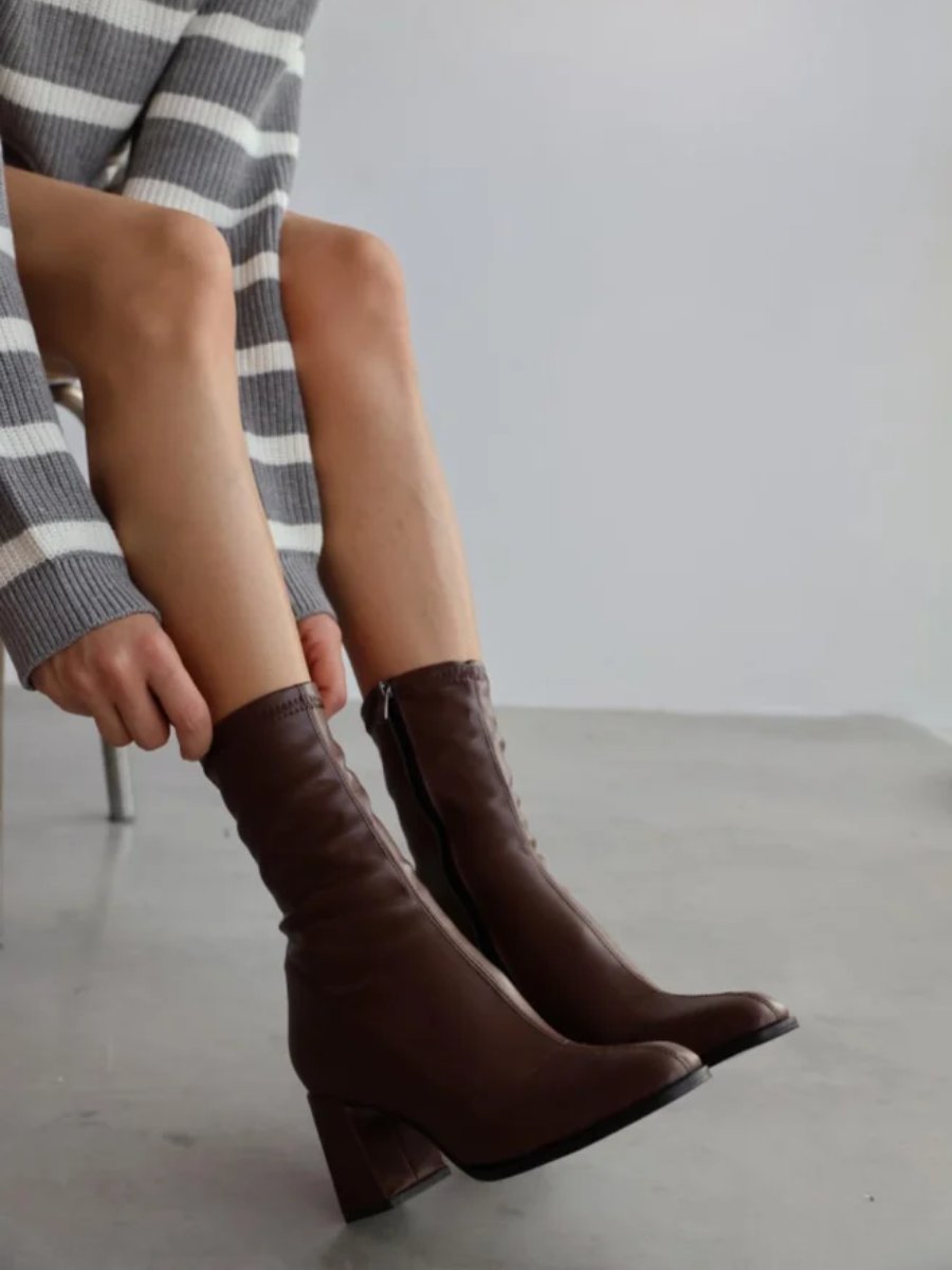 Simple Brown Stretch Mid Calf Boots