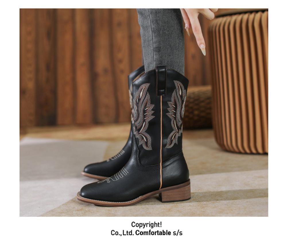 Western Cowboy Boots Embroidered Leather Mid Calf Rider Boots