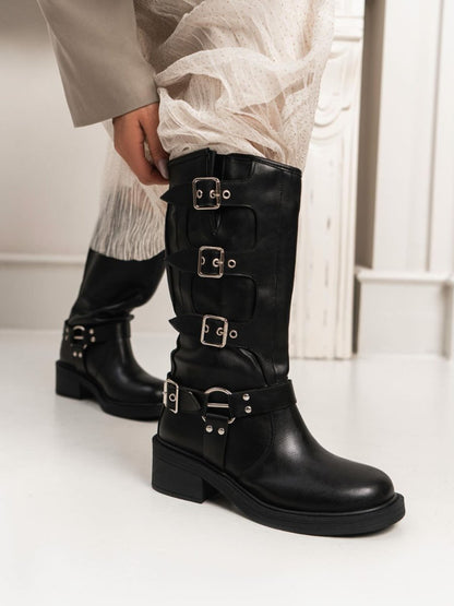 Punk Multi Belt Buckle Biker Boots