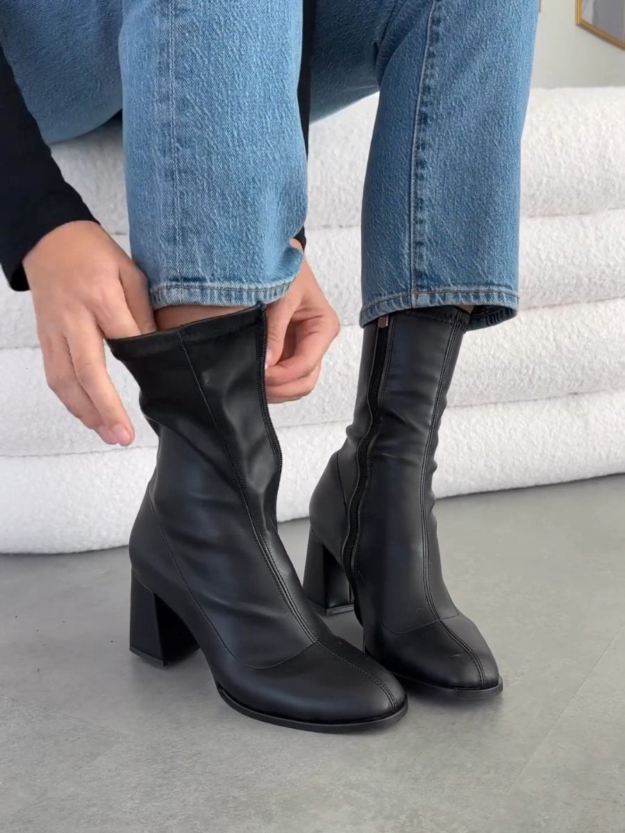 Simple Black Stretch Mid Calf Boots