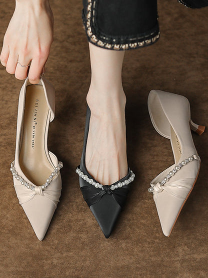 Temperament satin fine heeled pearl twist high heels