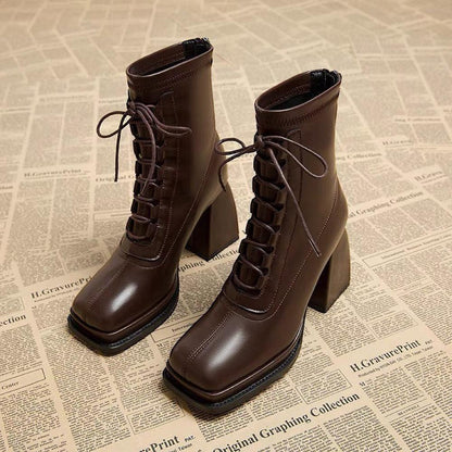 Trendy High Heel Chunky Lace Up Model Back Zipper Square Toe Martin Boots<Two Colors>