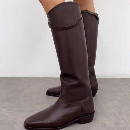 Basic Brown Belt Buckle Flat Square Toe Boots