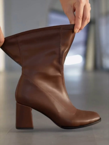 Simple Brown Stretch Mid Calf Boots