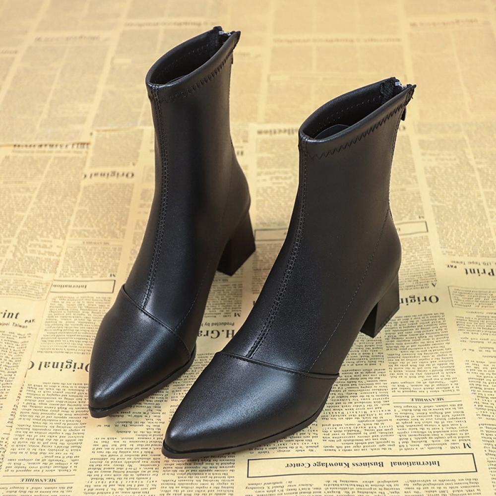 Pointed toe chunky heel short fashion boots