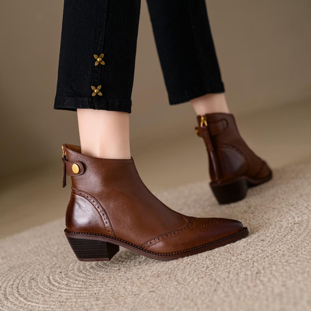 Pointed Toe Chunky Heel Boots French Vintage Brock Women's Boots