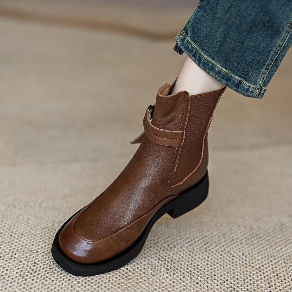 Retro Leather Thick Bottom Chunky Heel Elastic Short Round Head Mid Heel Short Boots