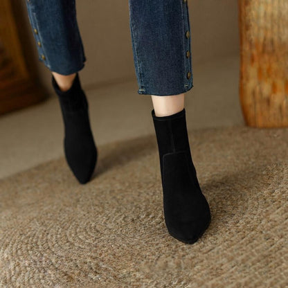 Pointed Toe Chunky Heel Boots Women Suede Mid Calf Boots   <Three🟢⚫️🟡 colors >                                                                               ⏰(New products on sale）