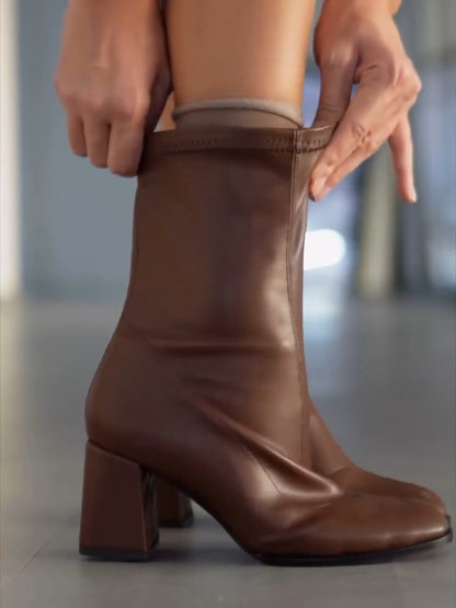 Simple Brown Stretch Mid Calf Boots