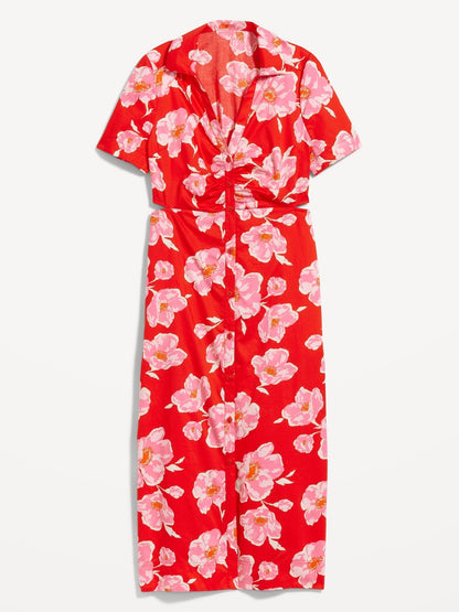 Red Flower Printed Dress With Pockets