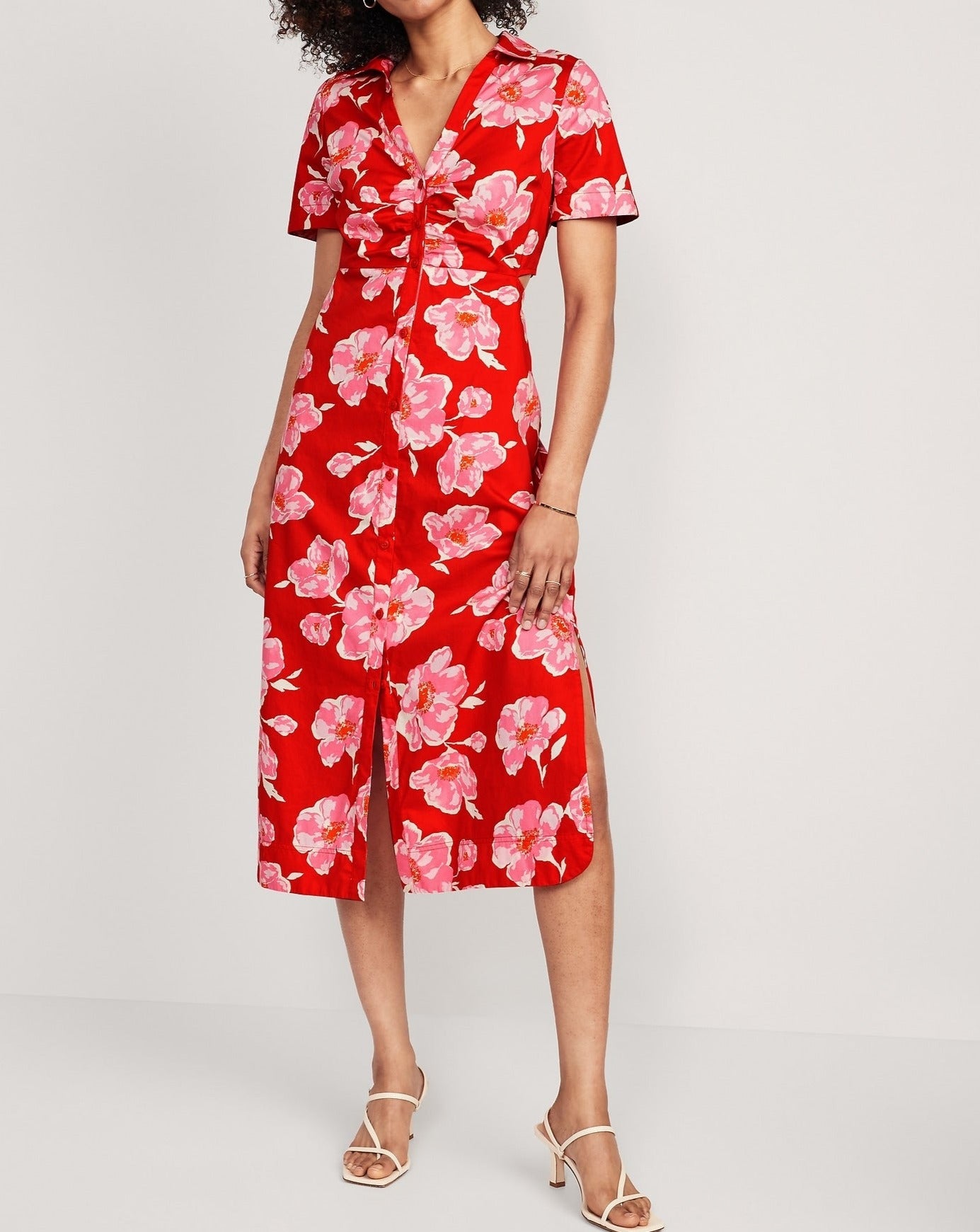 Red Flower Printed Dress With Pockets