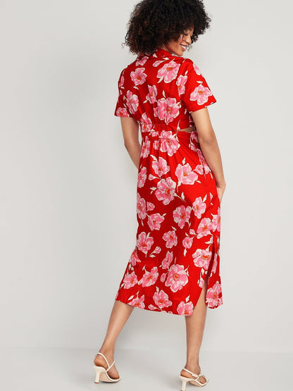 Red Flower Printed Dress With Pockets