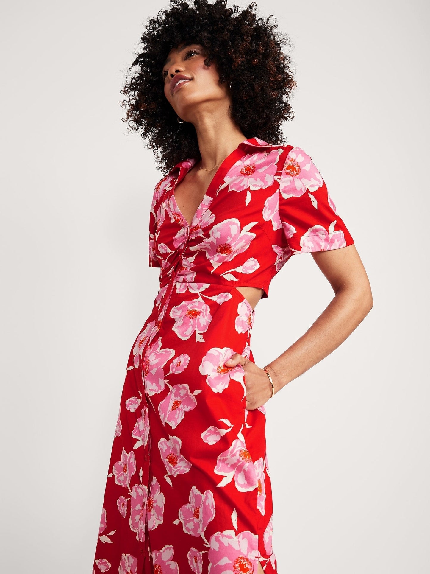 Red Flower Printed Dress With Pockets