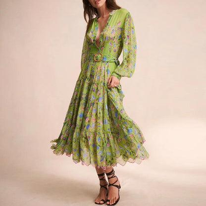 Green v-neck floral midi dress