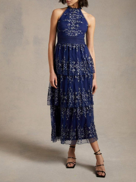 Floral Embroidered Tulle Tiered Halter Midi Dress